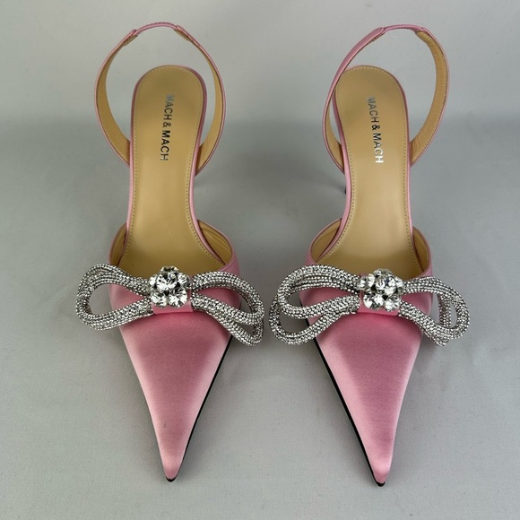 MACH & MACH Shoes - Mach & Mach RARE Double Bow Crystal-embellished Pink Satin Slingback Heels